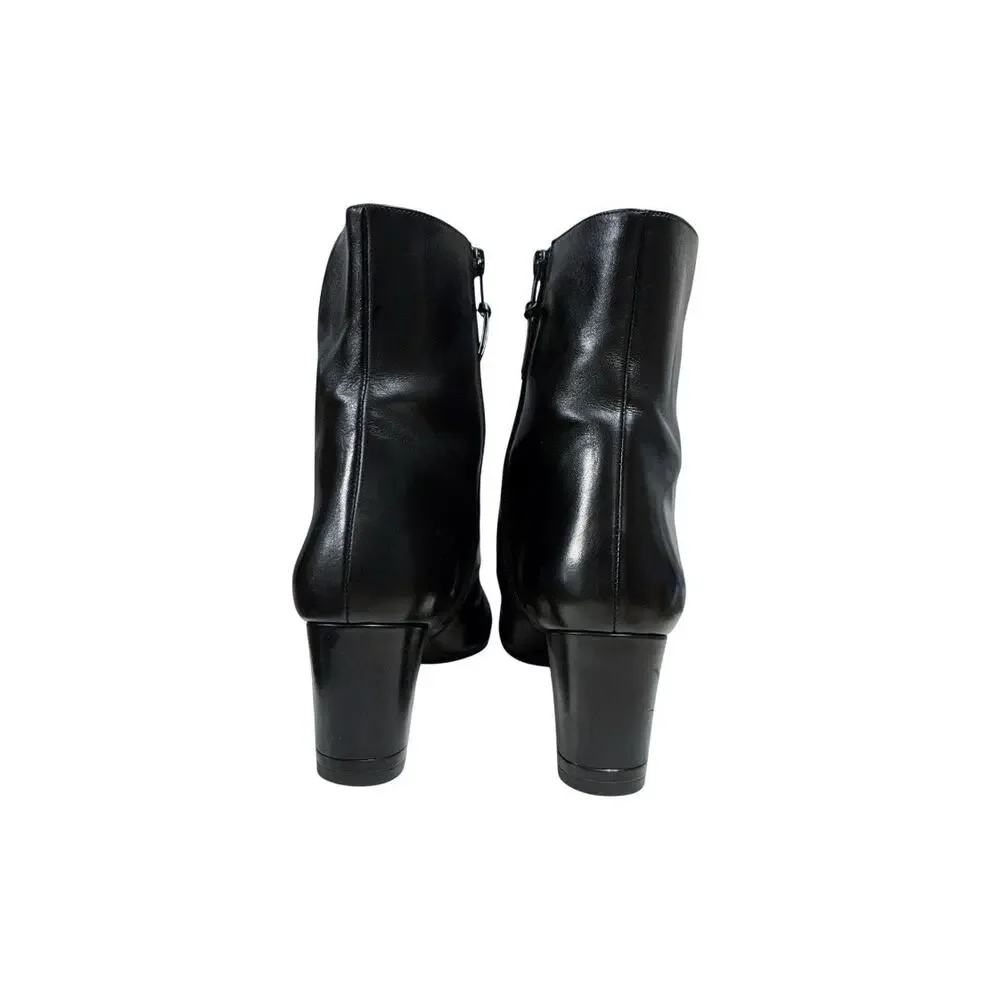 Stuart Weitzman Black Leather Ankle Boots Almond Toe Heeled Minimalist Booties